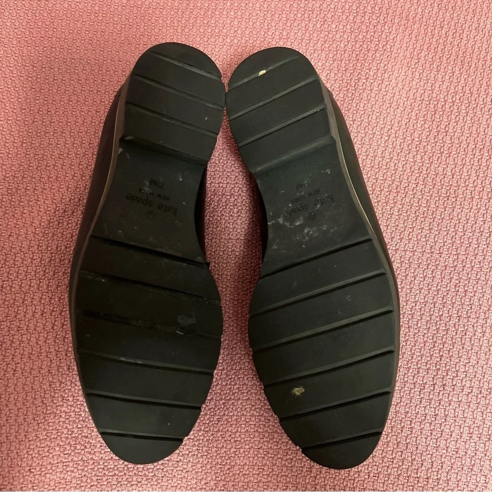 Kate Spade Karisa Black Leather Loafers, black floral/gold accent 7 1/2